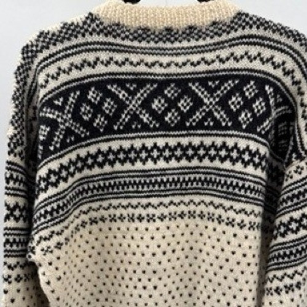 Vintage Unisex Cream Black Nordic Fair Isle Cardigan Sweater LARGE Cottage Folk - Picture 8 of 9